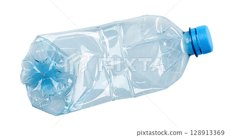 Crushed plastic bottle symbolizing recycling and environmental conservation 128913369