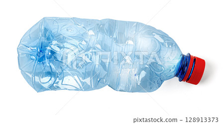 Crushed plastic bottle symbolizing recycling and environmental conservation 128913373