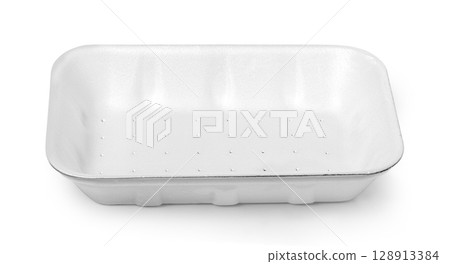 Empty white styrofoam food tray isolated on white background Empty white styrofoam food tray isolated on white background 128913384