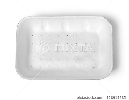 Empty white styrofoam food tray isolated on white background Empty white styrofoam food tray isolated on white background 128913385
