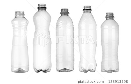 Variety of empty plastic bottles showing recycling potential on white background 128913398