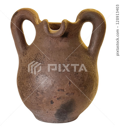Ancient clay pot with two handles isolated on transparent background Ancient clay pot with two handles isolated on transparent background 128913403