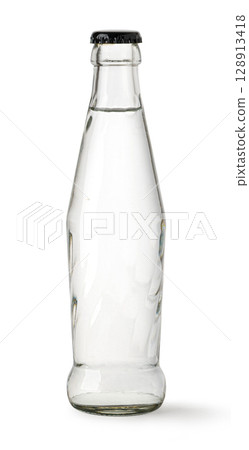Glass bottle full of refreshing water with black cap on white background 128913418