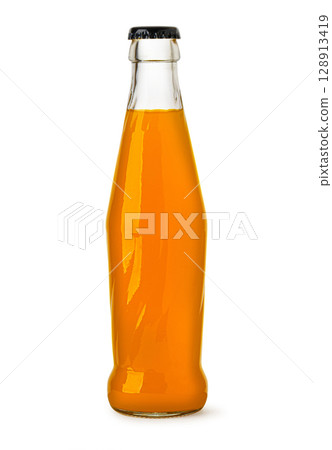 Glass bottle containing refreshing orange juice on white background 128913419