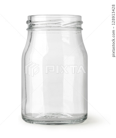 Empty glass jar with a wide mouth opening, standing on white background 128913428