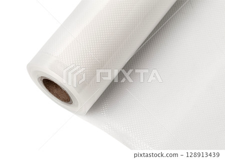 Roll of vacuum sealer bags embossed for food preservation on white background 128913439