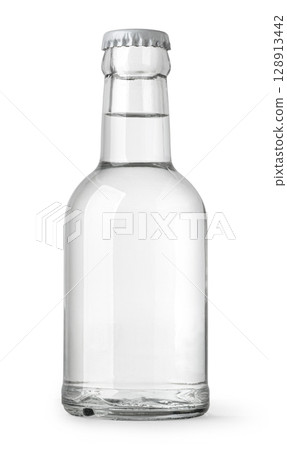 Glass bottle full of water with metal cap on white background 128913442