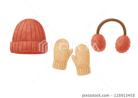 Red knitted hat, mittens and earmuffs set (PNG cutout) 128913458