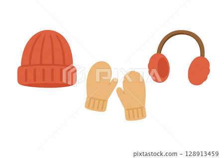 Red knitted hat, mittens and earmuffs rearranged (PNG cutout) 128913459