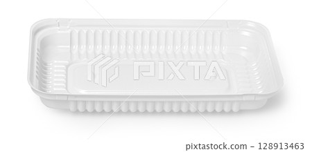 Empty white plastic food container on white background Empty white plastic food container on white background 128913463