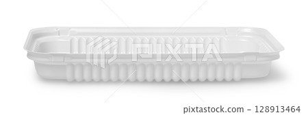 Empty white plastic food container on white background Empty white plastic food container on white background 128913464