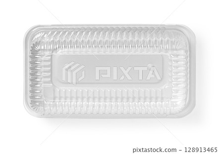 Empty rectangular plastic food container with lid, top view Empty rectangular plastic food container with lid, top view 128913465