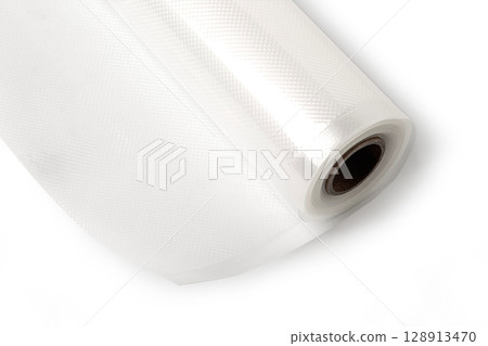 Roll of vacuum sealer bags embossed for food preservation on white background 128913470