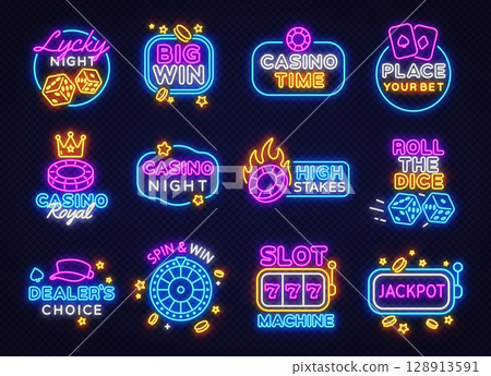 Big neon sign set with twelve glowing casino-themed designs including lycky night, high stakes, spin and win, big win, and more. Colorful glowing icons on dark background. 128913591