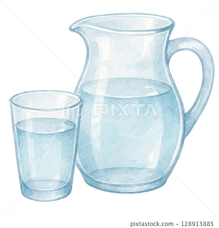 Watercolor illustration of a glass and pitcher of water (cutout material) 128913885