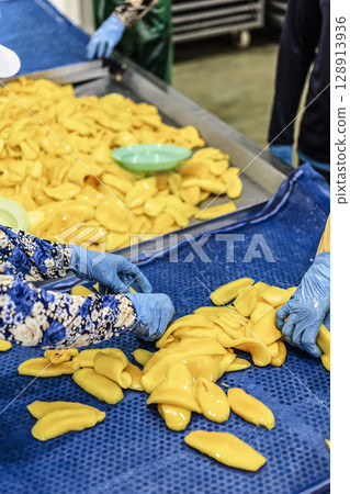 peeled mango fruit processing at food production factory in cambodia 128913936