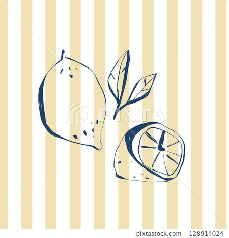 Hand drawn lemons and leaves on yellow vertical striped background flat botanical style illustration Hand drawn lemons and leaves on yellow vertical striped background flat botanical style illustration 128914024