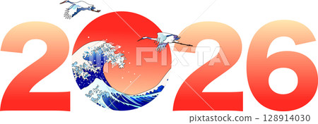New Year's card material, Ukiyo-e illustration of big waves, 2026 128914030