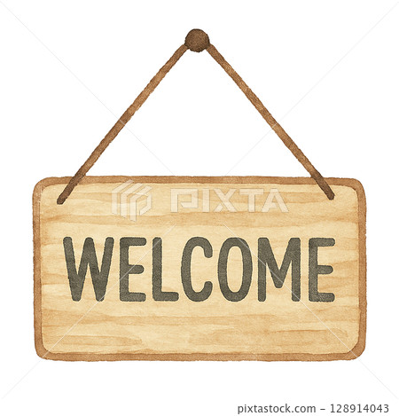 Watercolor illustration of a door sign plate with the word Welcome written on it (cut-out material) Watercolor illustration of a door sign plate with the word Welcome written on it (cut-out material) 128914043