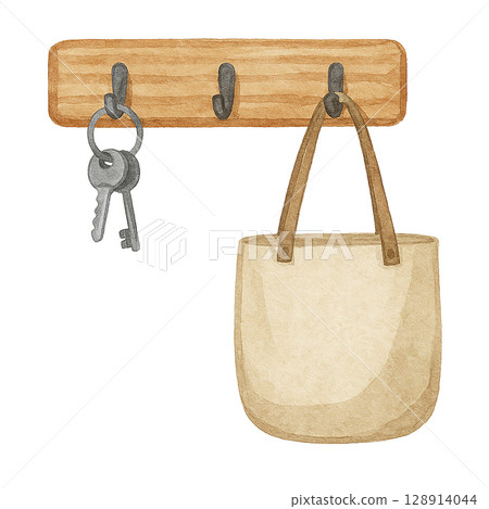 牆上掛著鑰匙和包包的掛鉤的水彩插圖(剪切素材) 牆上掛著鑰匙和包包的掛鉤的水彩插圖(剪切素材) 128914044
