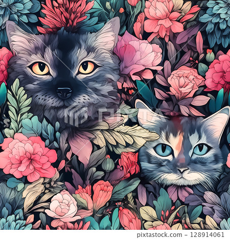 Seamless background with cats and flowers 128914061