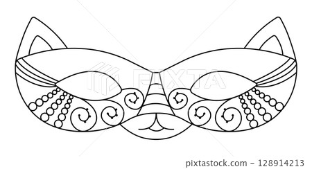 Cat black line masquerade mask, feline vector illustration for Mardi Gras and Purim 128914213