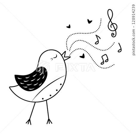 Black and white singing nightingale with notes, vector monochrome illustration for music lovers Black and white singing nightingale with notes, vector monochrome illustration for music lovers 128914239