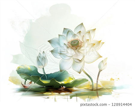 Elegant line art lotus flower design with gentle waves and soft accents in a modern zen aesthetic 128914404