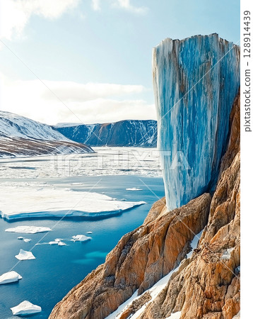 Majestic arctic landscape featuring ice formations and tranquil waters under a clear sky 128914439