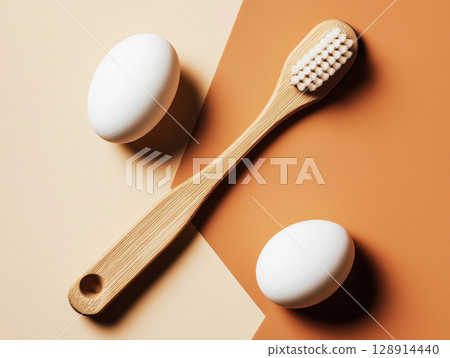 Organic wooden bamboo toothbrush and eggs on terracotta background promote natural health choices 128914440