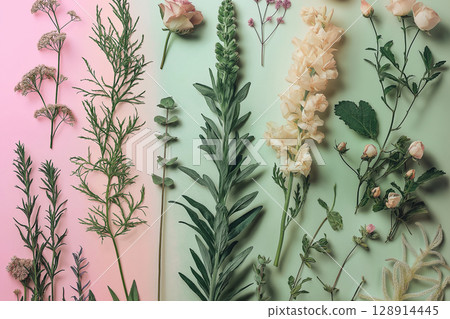 Realistic botanical collection showcasing various herbs and flowers in soft colors 128914445