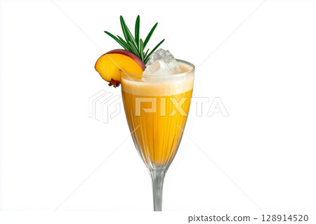 Elongated sparkling wine glass with yellow liquid and peach garnish against white background 128914520