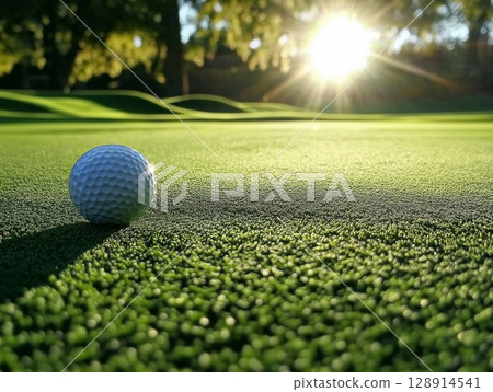 Close up of golf ball resting on lush green grass in early morning light Close up of golf ball resting on lush green grass in early morning light 128914541