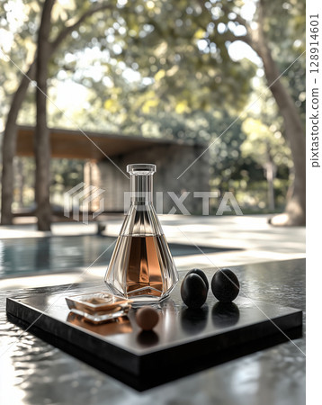Elegant tabletop display with a glass decanter and treats at a seaside villa 128914601
