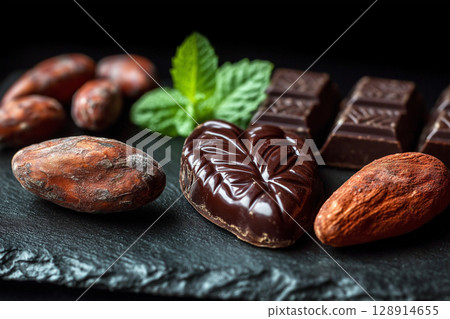 Gourmet chocolates elegantly arranged with cocoa beans and mint on slate 128914655