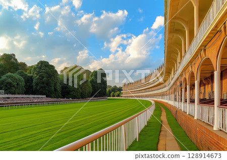 Vibrant horse racing track showcasing lush fields and grandstands under a clear blue sky 128914673