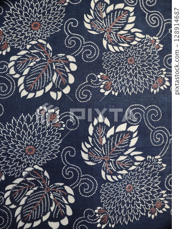 古董靛藍染色織物 128914687