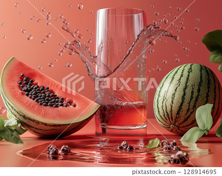 Fresh fruits explode with color and splash in vibrant red background 128914695