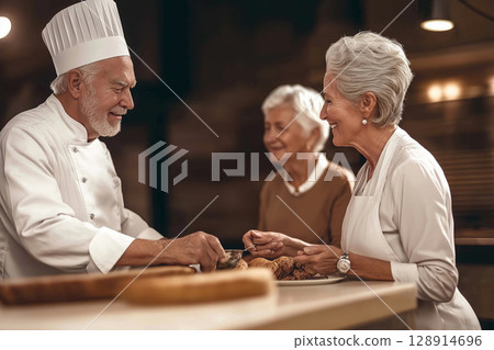 Elderly individuals engage in cooking lessons with a skilled chef in a community kitchen 128914696