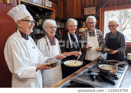 Elderly group learns cooking skills with professional chef in a cozy kitchen setting 128914704