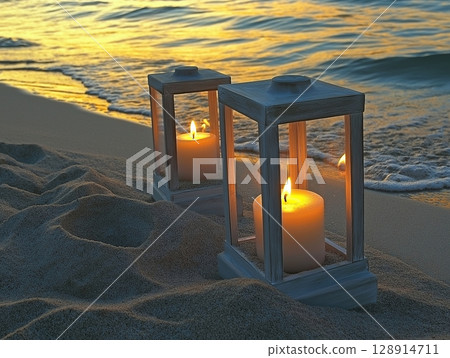 Serene beach dusk with candles illuminating soft sand and gentle waves reflecting sunlight Serene beach dusk with candles illuminating soft sand and gentle waves reflecting sunlight 128914711
