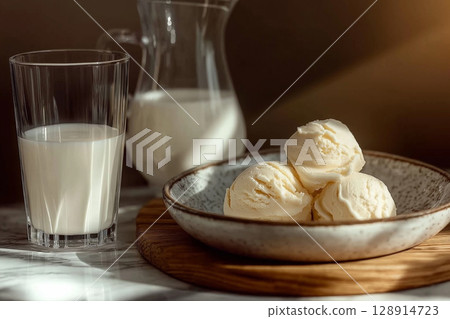 Elegant vanilla ice cream served with fresh milk in a nature-inspired setting Elegant vanilla ice cream served with fresh milk in a nature-inspired setting 128914723