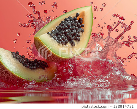 Explosion of fresh fruits with vibrant colors and dramatic splashes on a light red background 128914751