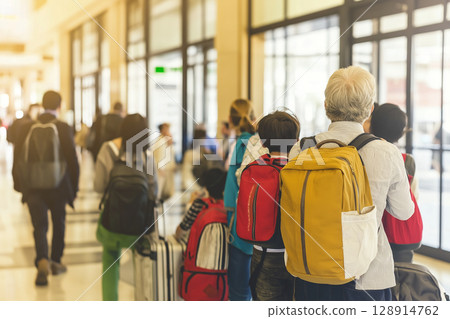 Joyful family excitement at the airport during summer holiday travel Joyful family excitement at the airport during summer holiday travel 128914762