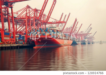 Massive cargo ship at busy port with cranes and freight trucks in global trade hub 128914766