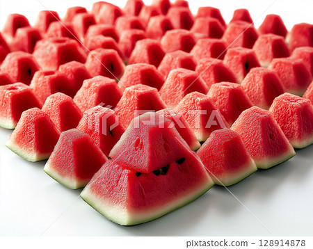 Fresh watermelon slices arranged in vibrant triangular patterns against a bright backdrop Fresh watermelon slices arranged in vibrant triangular patterns against a bright backdrop 128914878