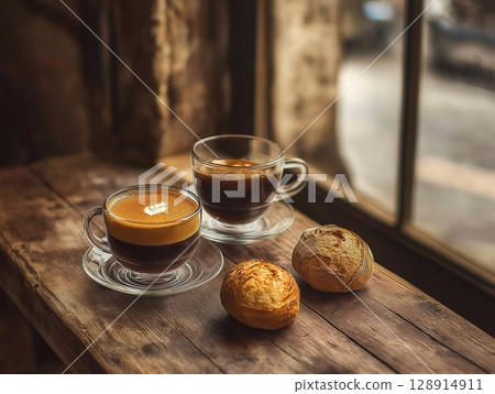 Enjoying coffee and pastries in a quaint cafe with natural light in the afternoon 128914911