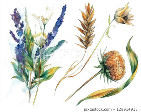 Beautiful botanical illustrations showcasing various wildflowers and plants in detailed art style 128914915