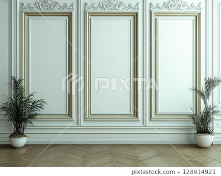 Elegant empty room with decorative wall panels and potted plants on the floor Elegant empty room with decorative wall panels and potted plants on the floor 128914921