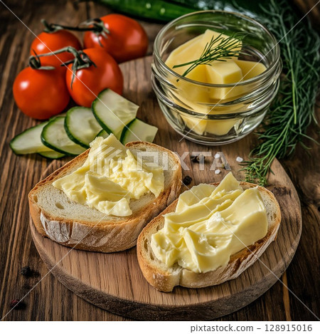 Melted cheese delight on fresh bread slices with vegetables on a rustic wooden board 128915016